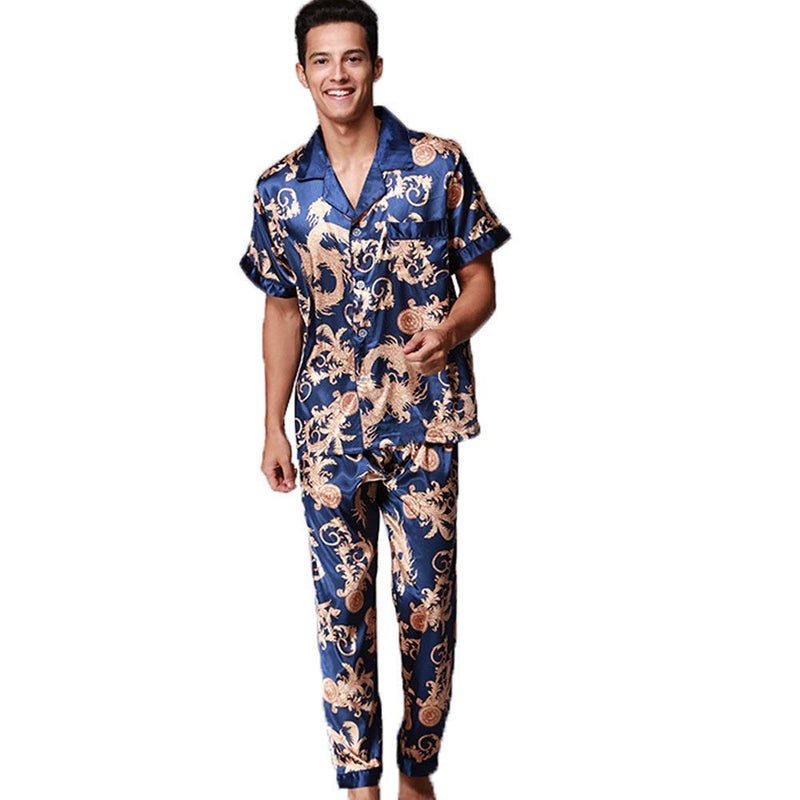 ZUEVI Men's Silk Satin Short Sleeve Pajamas Set Dragon Pattern Loungewear Button Down Pjs Set for Men(Blue Dragon-L) - Image 1